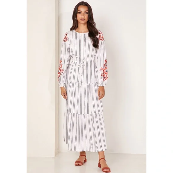 KAREN MILLEN Embroidered Sleeve Striped Dress Women